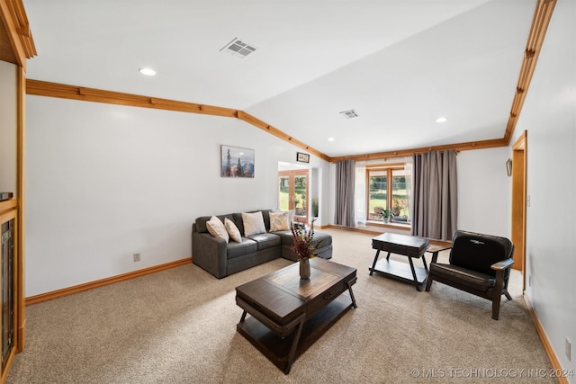 living room with crown molding, lofted ceiling, and carpet flooring