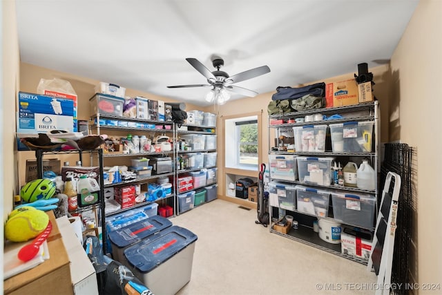 storage area featuring ceiling fan