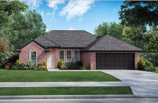 single story home featuring an attached garage, roof with shingles, concrete driveway, and brick siding