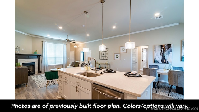 kitchen with white cabinets, dishwasher, open floor plan, a kitchen island with sink, and a sink