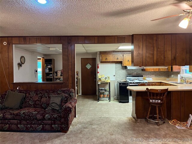 kitchen featuring wooden walls, light colored carpet, sink, kitchen peninsula, and ceiling fan