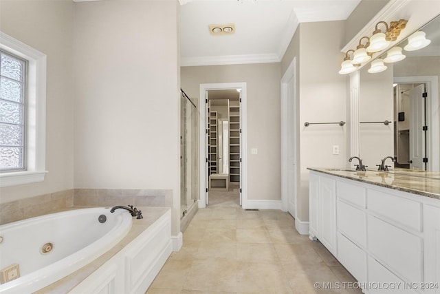 bathroom featuring tile patterned flooring, vanity, separate shower and tub, and ornamental molding