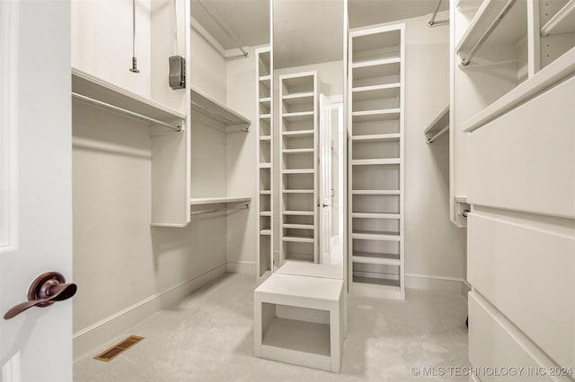 walk in closet featuring light colored carpet