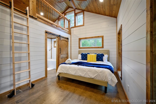 bedroom featuring hardwood / wood-style flooring, wooden walls, high vaulted ceiling, and wooden ceiling