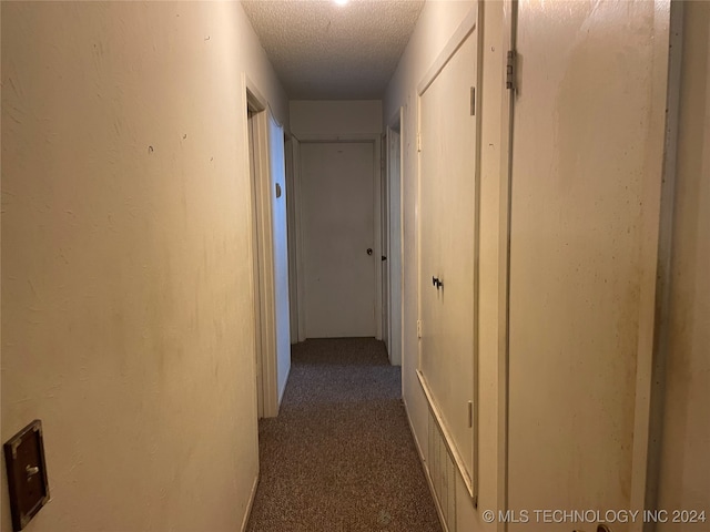 hall featuring a textured ceiling and carpet