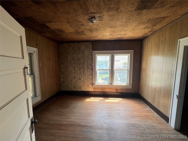 empty room featuring wood walls and wood-type flooring