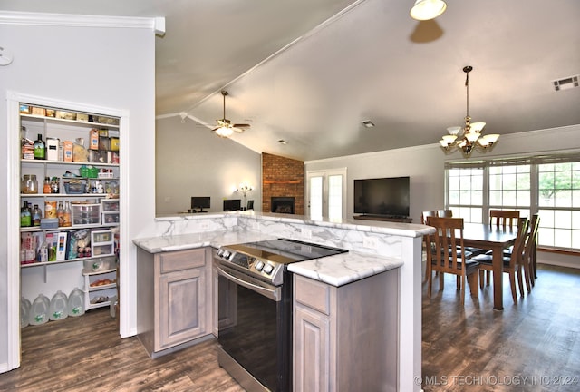 kitchen with vaulted ceiling, light stone countertops, dark wood-type flooring, and stainless steel electric range