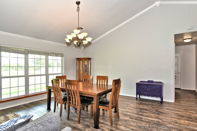 dining space with an inviting chandelier, high vaulted ceiling, dark wood-type flooring, and ornamental molding