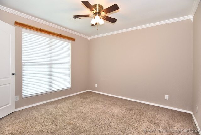 empty room featuring ornamental molding, carpet, and ceiling fan