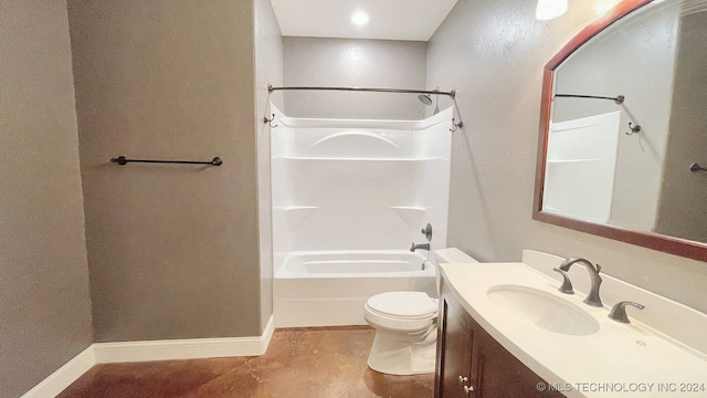 full bathroom with toilet, vanity, and tub / shower combination