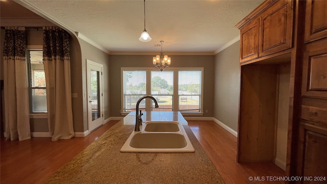 kitchen with sink, ornamental molding, decorative light fixtures, and hardwood / wood-style flooring