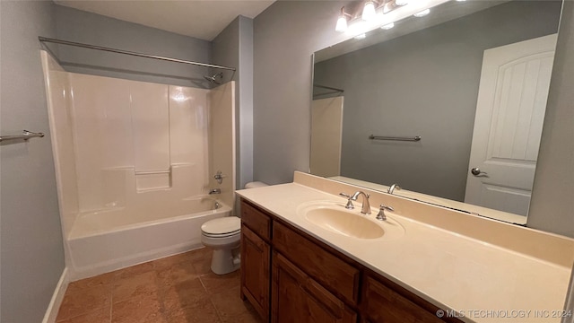 full bathroom with toilet, vanity, and bathing tub / shower combination