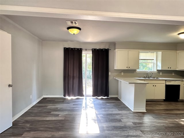 kitchen featuring sink, white cabinetry, dark hardwood / wood-style floors, and dishwasher