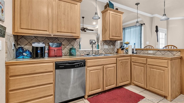 kitchen with light tile patterned floors, kitchen peninsula, dishwasher, decorative backsplash, and decorative light fixtures