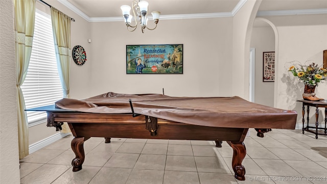 game room featuring billiards, a wealth of natural light, and light tile patterned floors