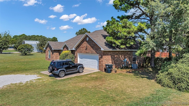150 Whipperwill, Lone Grove, OK 73401 - view of front of property with cooling unit, a front lawn, brick siding, a garage, and concrete driveway