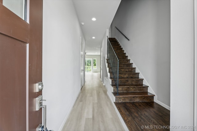 3408 Redbud Ln, Tulsa, OK 74132 - foyer entrance featuring wood finished floors, recessed lighting, stairway, and baseboards