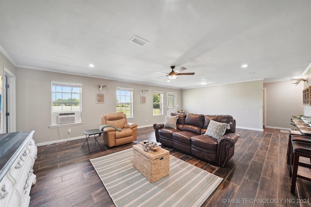 living room featuring dark hardwood / wood-style flooring, ceiling fan, and ornamental molding