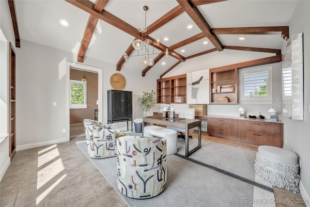 living area with vaulted ceiling with beams, recessed lighting, and baseboards