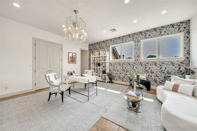 home office featuring a chandelier, recessed lighting, visible vents, baseboards, and wallpapered walls