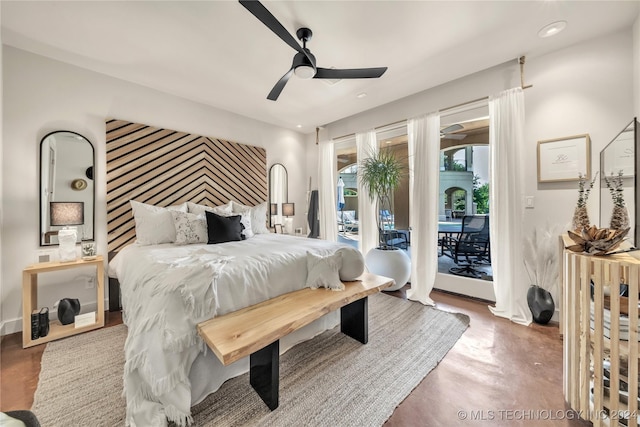 bedroom featuring ceiling fan, access to outside, concrete floors, and recessed lighting