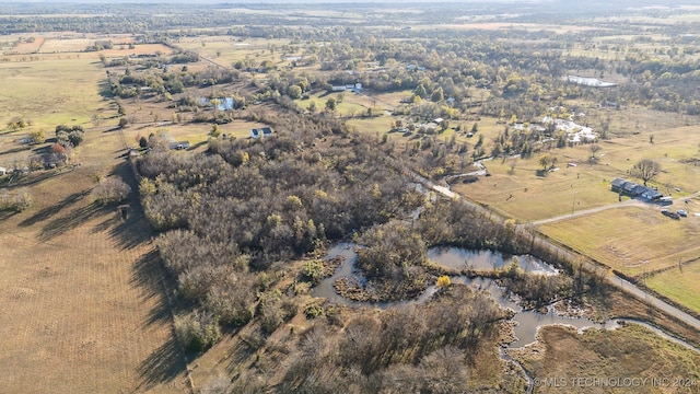 bird's eye view featuring a water view and a rural view