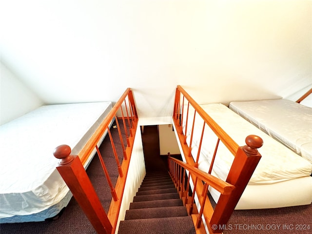 stairs featuring dark colored carpet