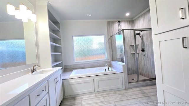 bathroom featuring tile patterned floors, ornamental molding, vanity, and plus walk in shower