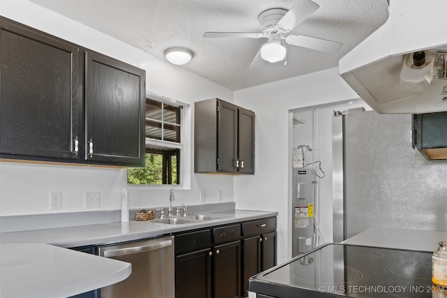 kitchen with dark brown cabinets, water heater, stainless steel appliances, ceiling fan, and sink