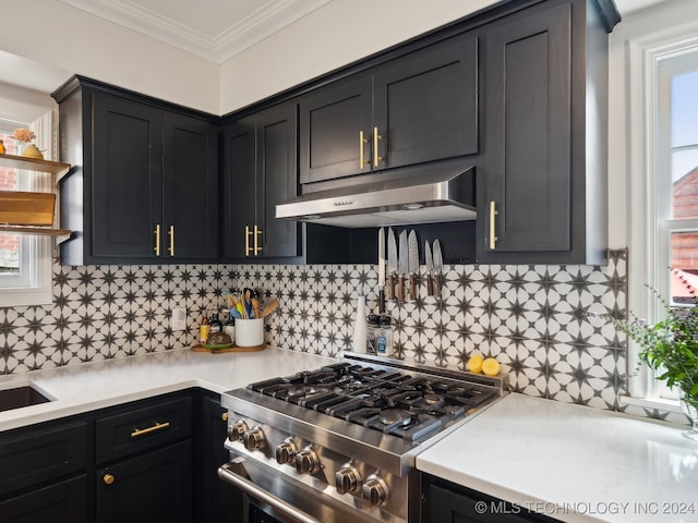 kitchen featuring under cabinet range hood, light countertops, ornamental molding, dark cabinetry, and high end stainless steel range oven