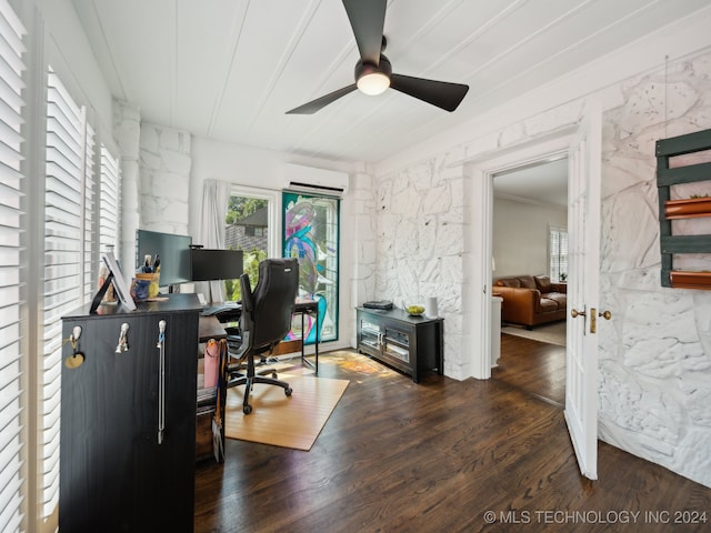 office area featuring dark wood-style floors, ceiling fan, and a wall mounted AC