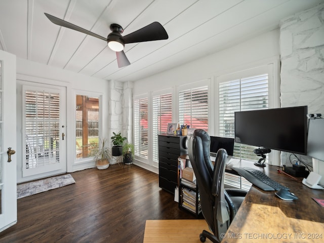 office space featuring ceiling fan and dark wood finished floors