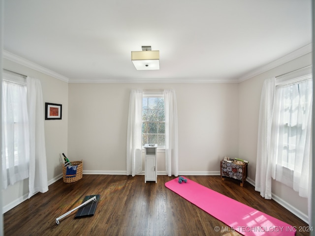 workout room with dark wood-style floors, ornamental molding, and baseboards