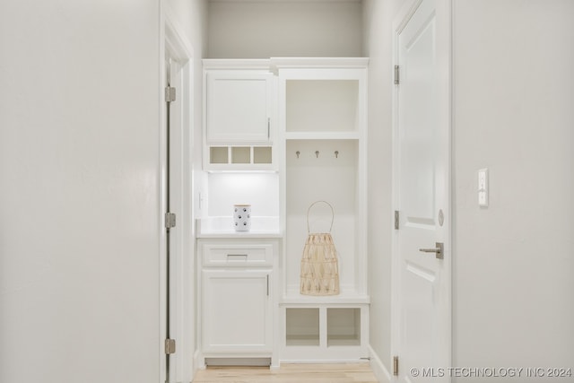 mudroom with light hardwood / wood-style flooring