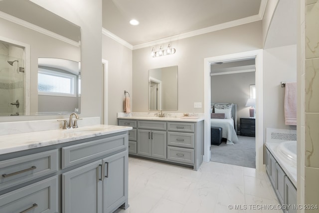 bathroom with tile patterned floors, double sink vanity, ornamental molding, and independent shower and bath