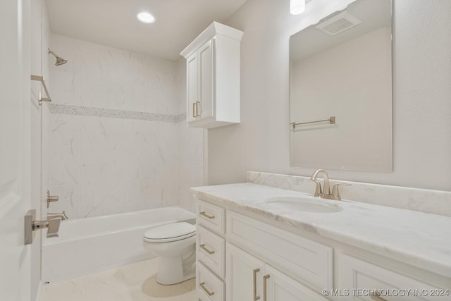 full bath with marble finish floor, bathing tub / shower combination, visible vents, toilet, and vanity