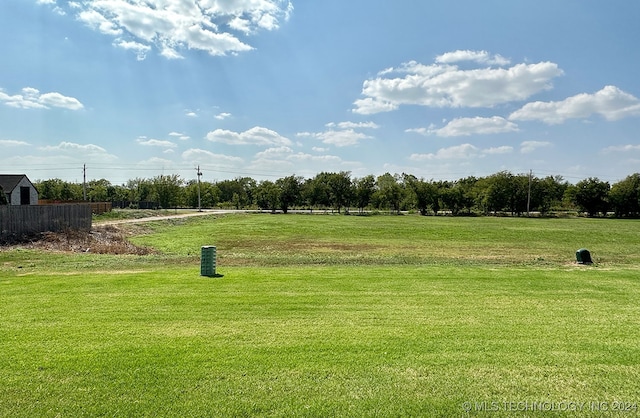 view of community featuring fence and a yard