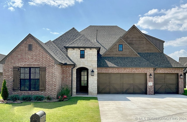 french country inspired facade featuring an attached garage, driveway, brick siding, and a front yard