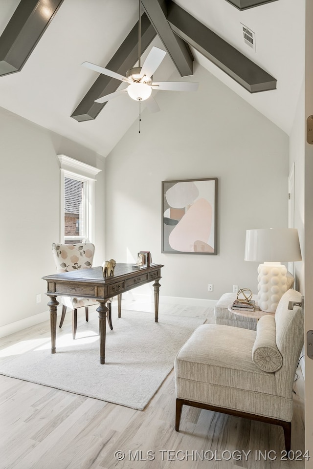 office area featuring ceiling fan, wood-type flooring, high vaulted ceiling, and beamed ceiling