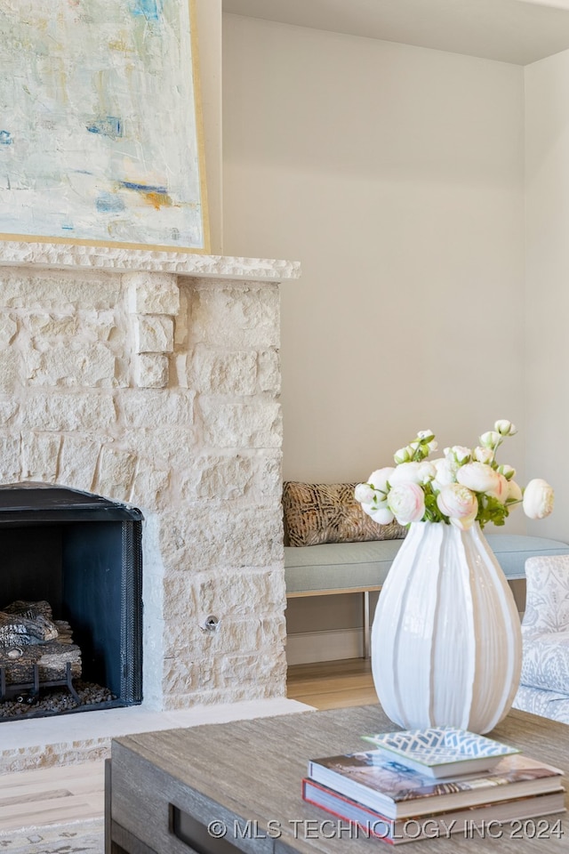 details with a stone fireplace and hardwood / wood-style flooring