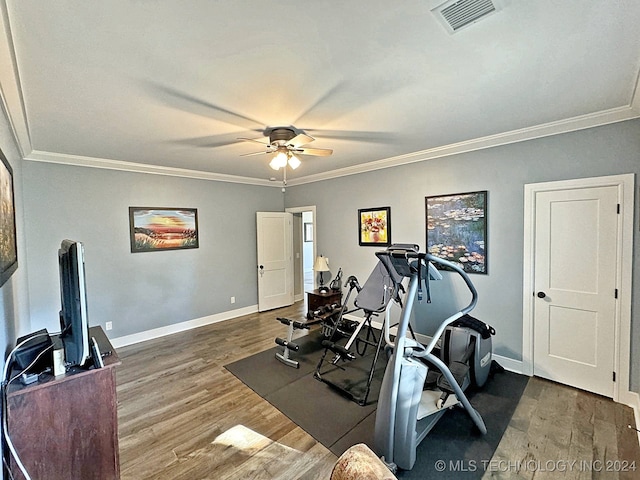 workout room featuring ceiling fan, crown molding, and dark hardwood / wood-style floors