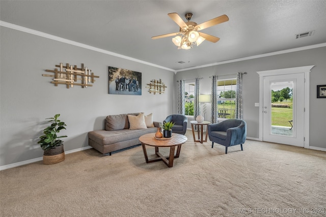 carpeted living room featuring ceiling fan, crown molding, and a textured ceiling