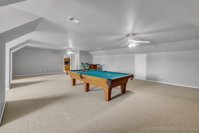 recreation room featuring ceiling fan, vaulted ceiling, pool table, and light colored carpet