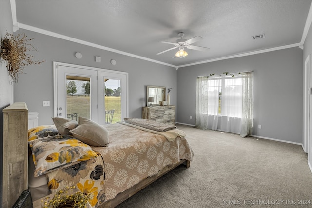 bedroom featuring french doors, access to outside, carpet flooring, ceiling fan, and crown molding