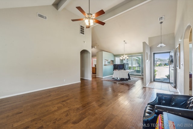 living room featuring hardwood / wood-style floors, beamed ceiling, high vaulted ceiling, and ceiling fan with notable chandelier