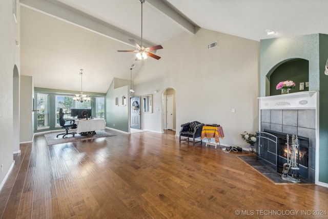 living room featuring beam ceiling, ceiling fan with notable chandelier, a fireplace, high vaulted ceiling, and dark hardwood / wood-style flooring