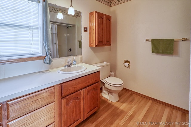 bathroom with curtained shower, vanity, toilet, and hardwood / wood-style flooring