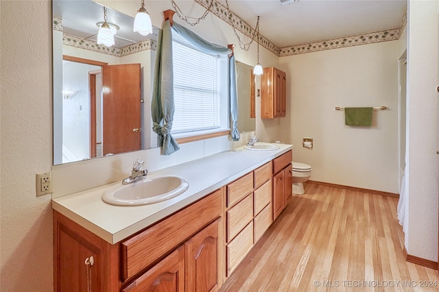 bathroom with hardwood / wood-style floors, vanity, and toilet