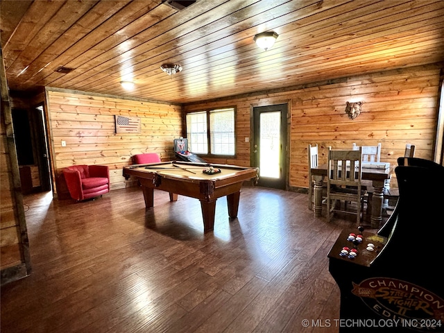 rec room featuring wooden ceiling, pool table, and dark hardwood / wood-style floors