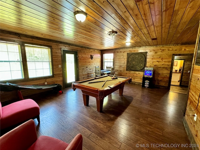 game room featuring pool table, wooden ceiling, dark hardwood / wood-style flooring, and wood walls